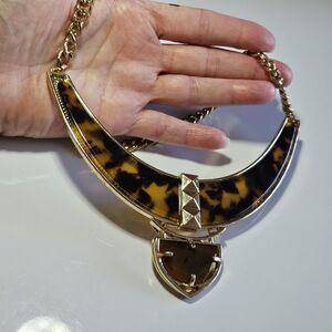 Gold Tone Faux Tortoise Shell Colored Statement Necklace 20-23"
